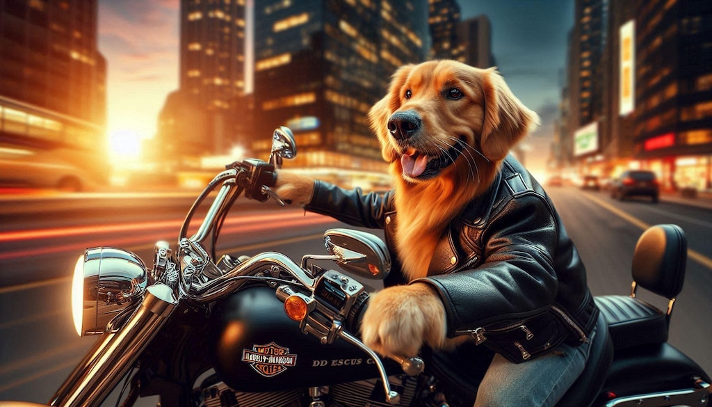 ハーレーを運転するゴールデンレトリバー