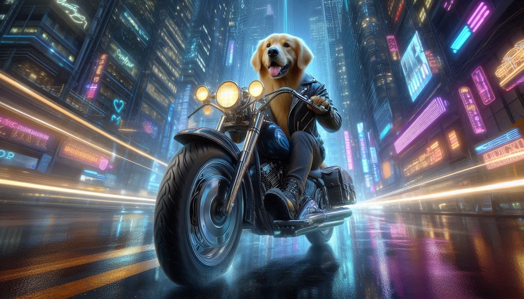 ハーレーを運転するゴールデンレトリバー
