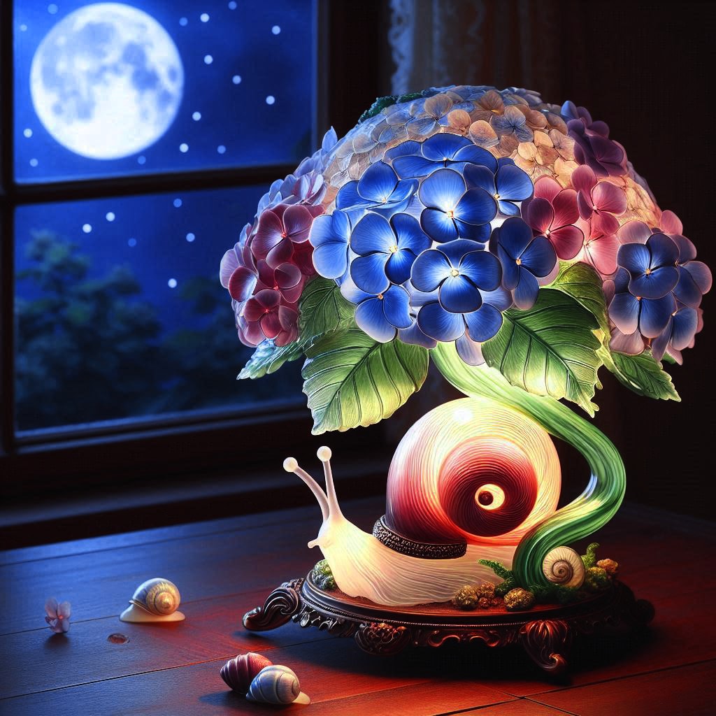 紫陽花とカタツムリのランプ・ガレ風