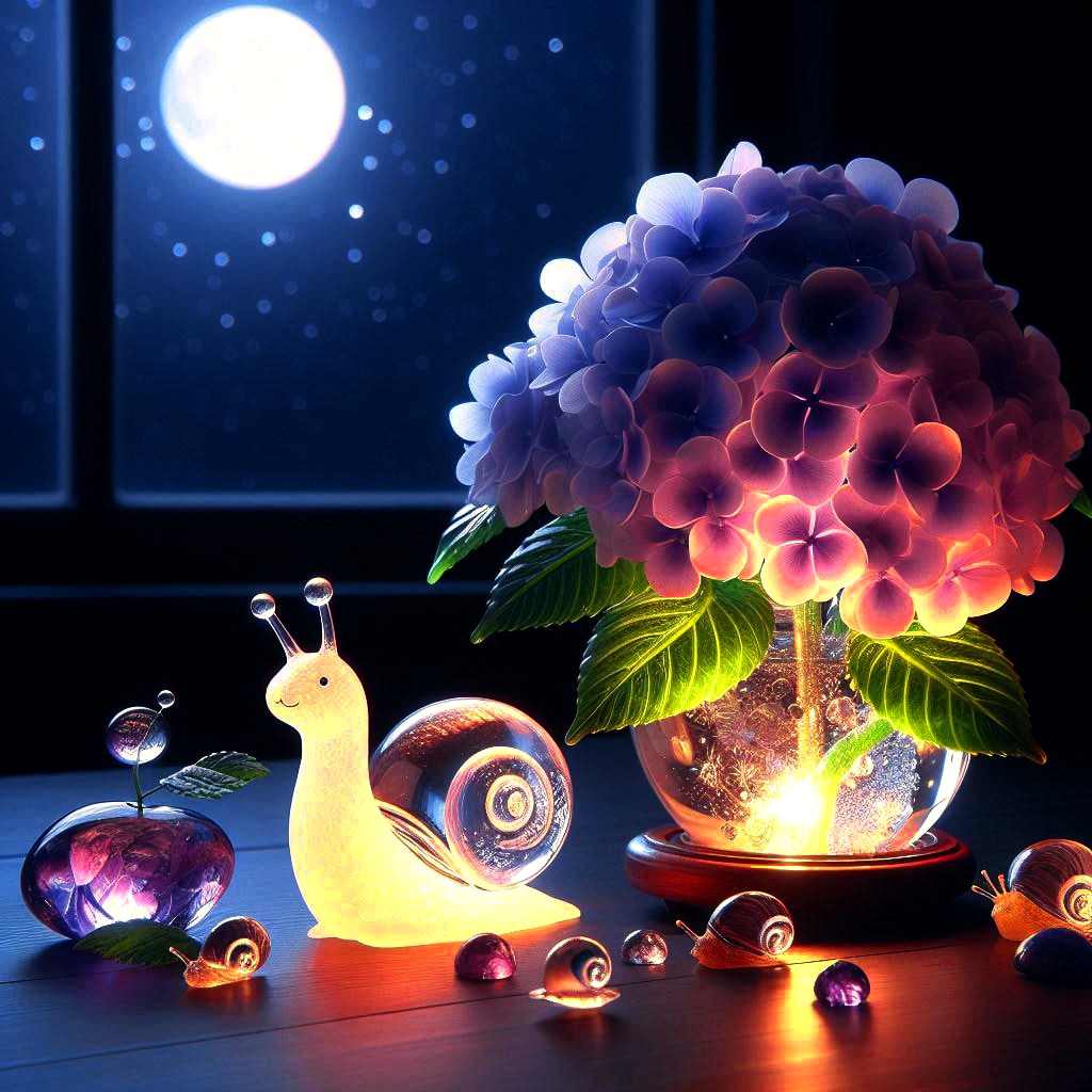 紫陽花とカタツムリのランプ・ガレ風