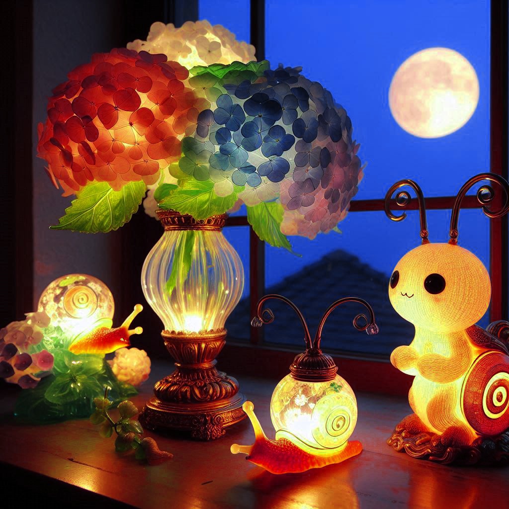 紫陽花とカタツムリのランプ・ガレ風