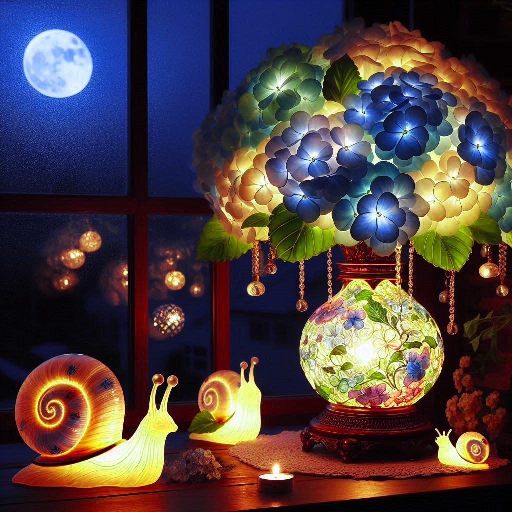 紫陽花とカタツムリのランプ・ガレ風