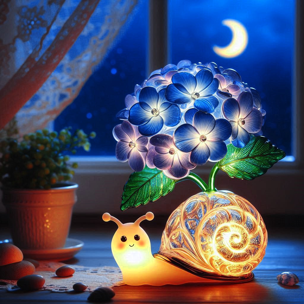 紫陽花とカタツムリのランプ・ガレ風