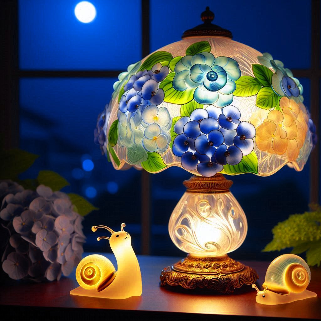 紫陽花とカタツムリのランプ・ガレ風