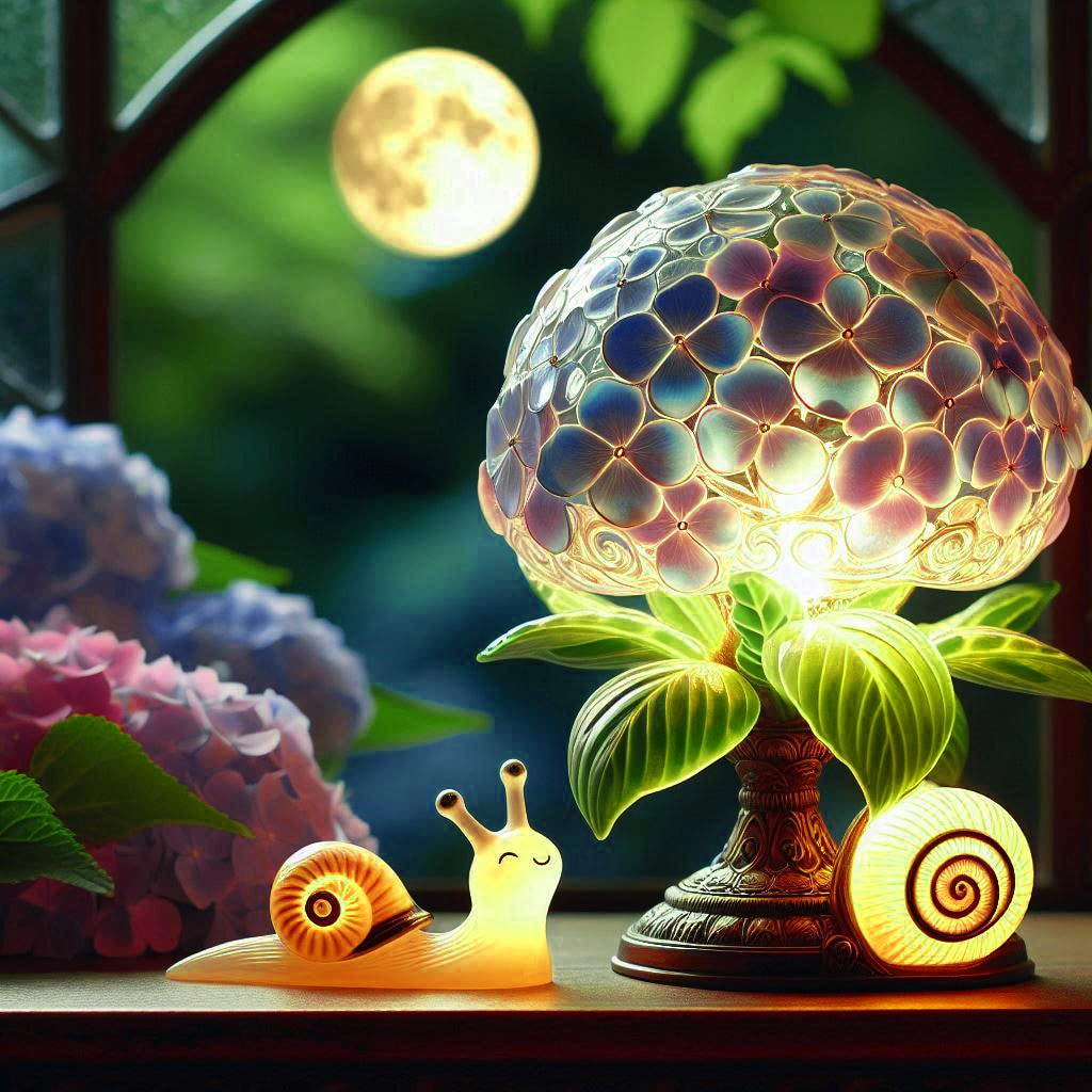 紫陽花とカタツムリのランプ・ガレ風