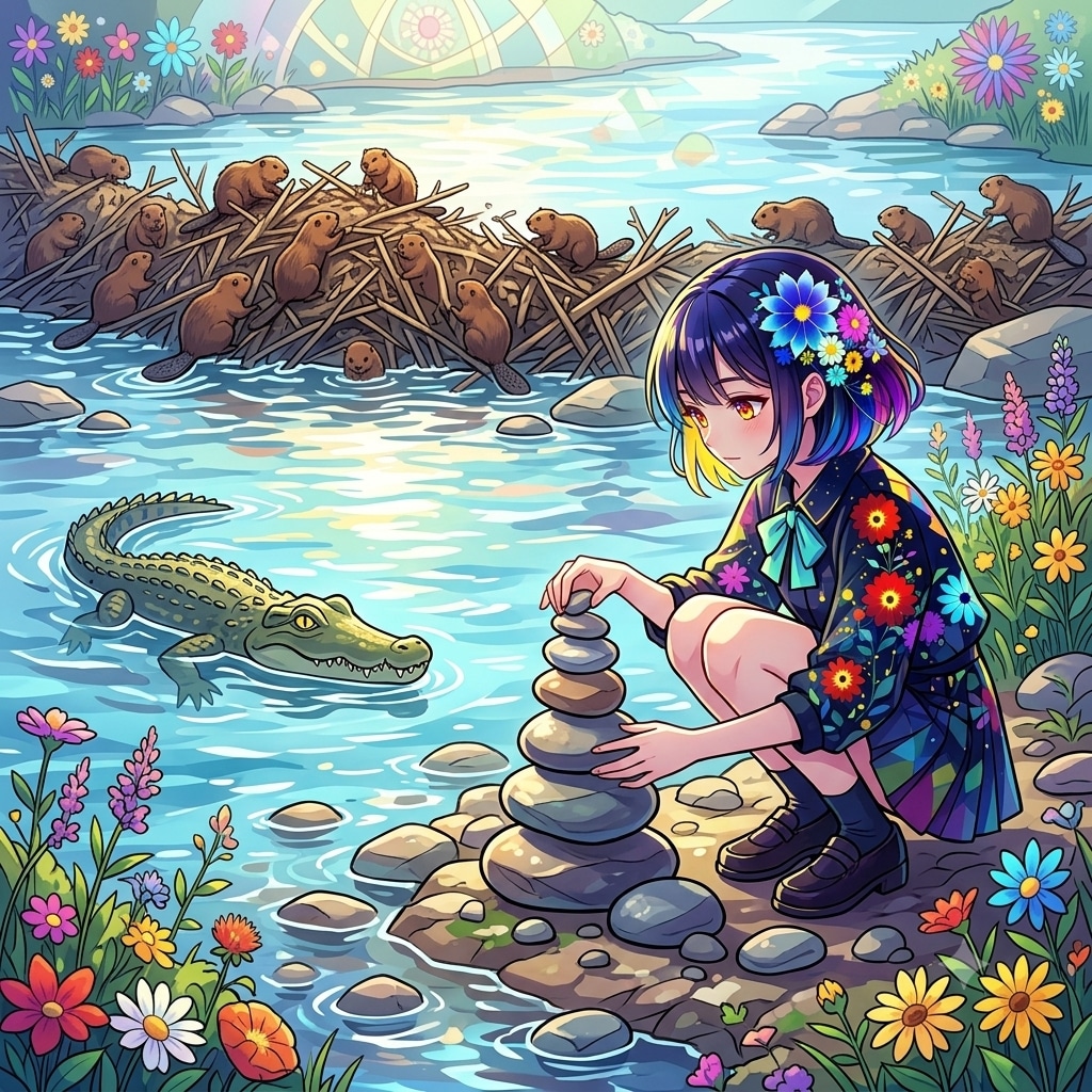 石を積む女の子