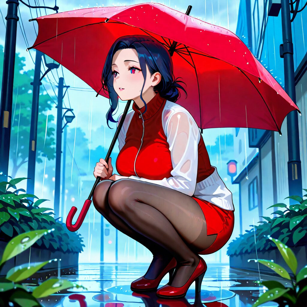 しゃがむ中年女性