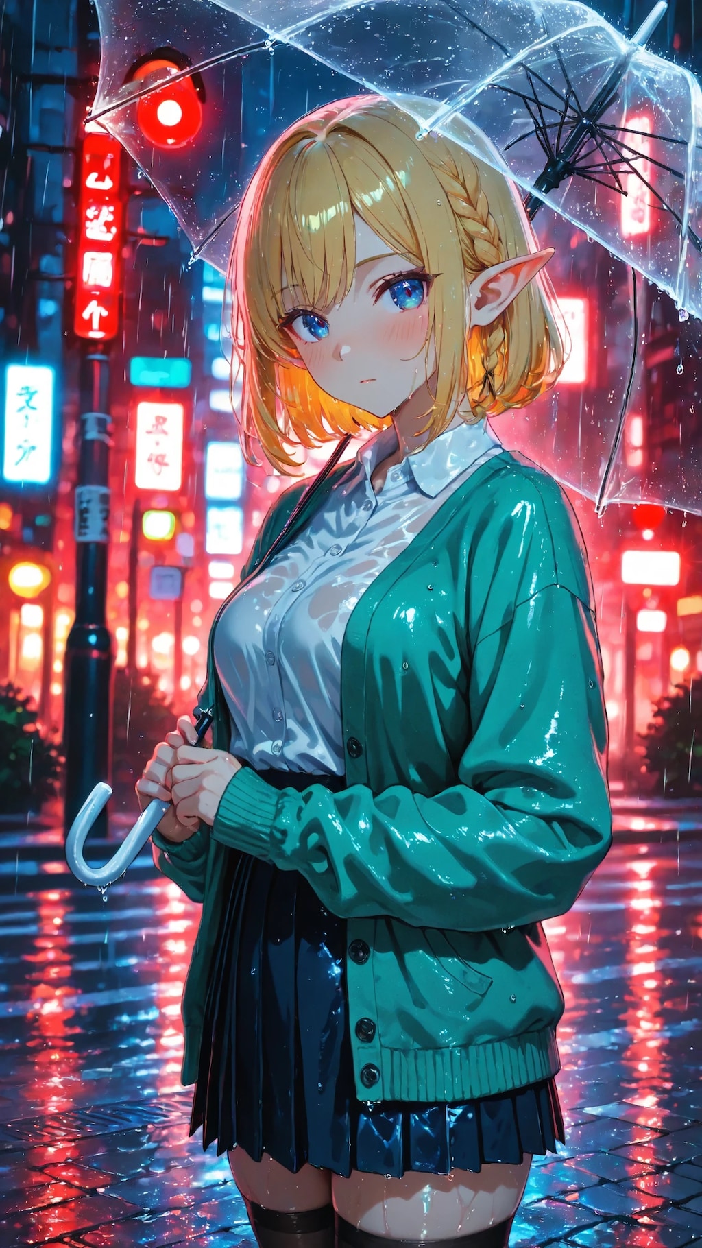 🧝‍♀️🚦 赤信号「赤い光って、こんなに綺麗なんですね。」雨夜のエル子