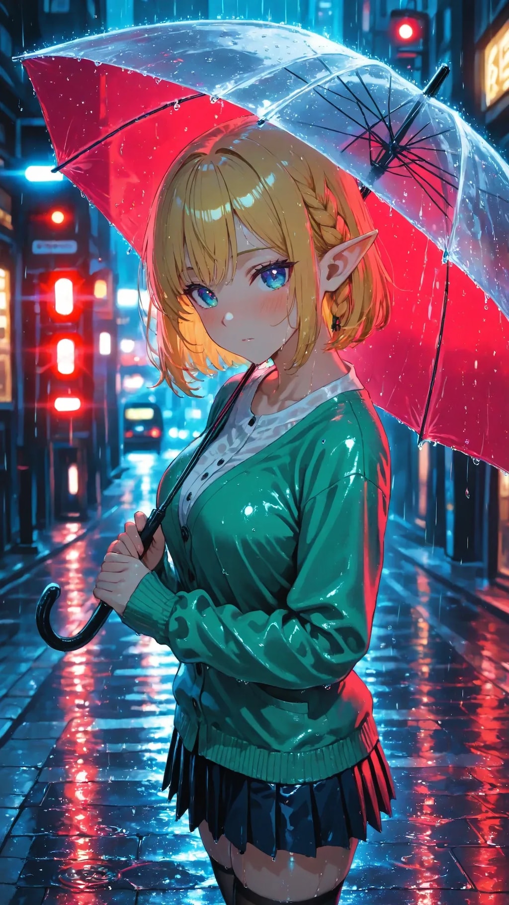 🧝‍♀️🚦 赤信号「赤い光って、こんなに綺麗なんですね。」雨夜のエル子