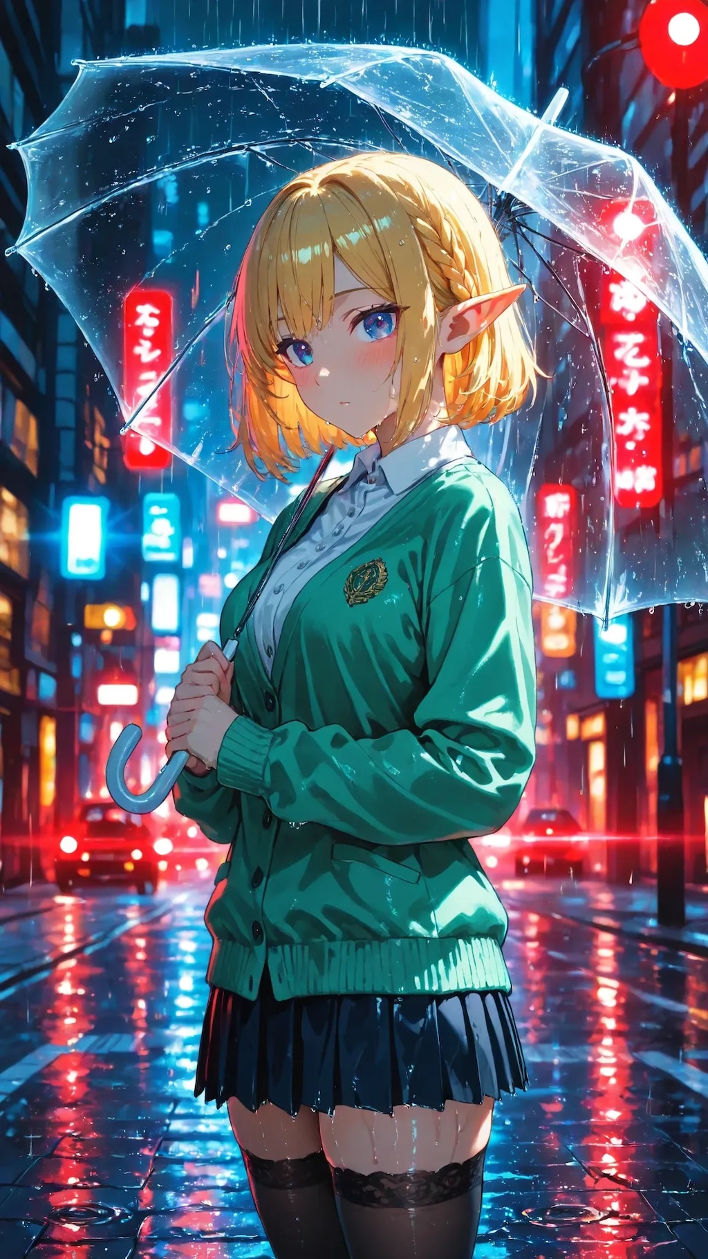 🧝‍♀️🚦 赤信号「赤い光って、こんなに綺麗なんですね。」雨夜のエル子