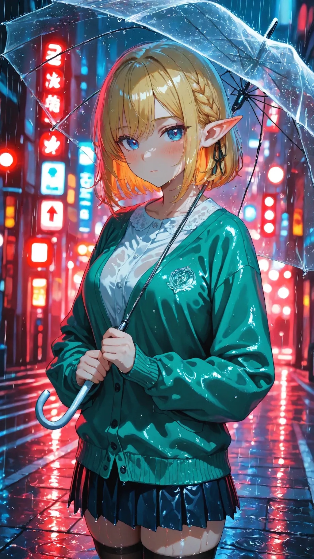 🧝‍♀️🚦 赤信号「赤い光って、こんなに綺麗なんですね。」雨夜のエル子