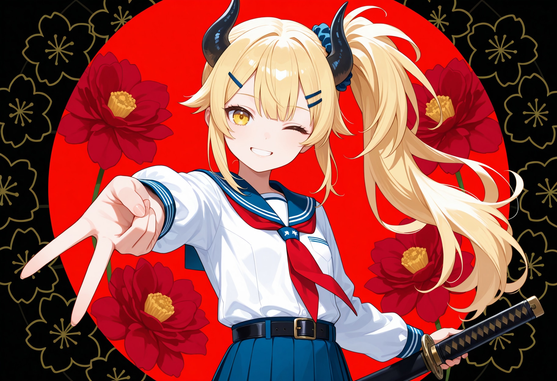 刀を持ってギャルピースな女鬼高生さん