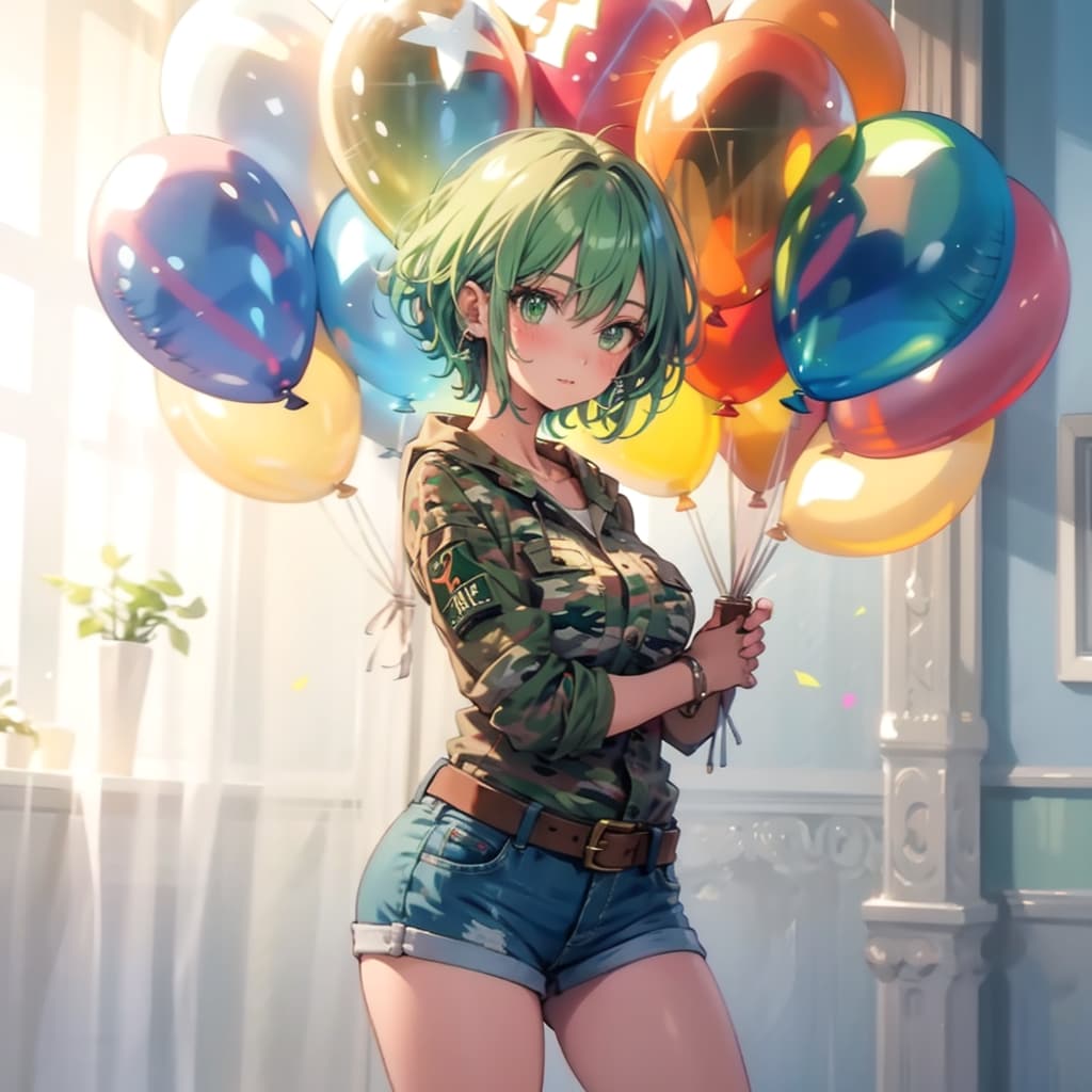 いっぱい風船を持つ緑髪ショートカットの迷彩服着た美女。 | の人気AIイラスト・グラビア