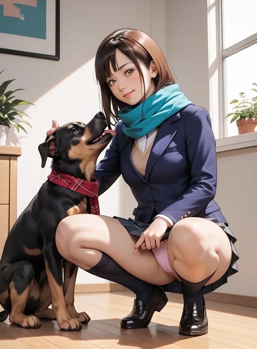 犬に駆け寄り無防備な彼女