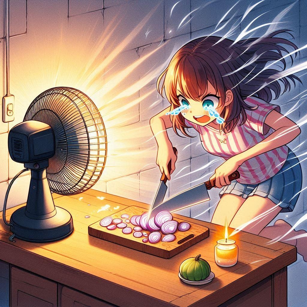 ［作戦２］①換気扇からいくらか離れたところにまな板・玉ねぎをセット🧅②換気扇側のまな板の近くに蝋燭・オイルランプ等を灯す🕯️🪔③換気扇とは反対側、なるべくまな板から離れた位置に、たまねぎガール