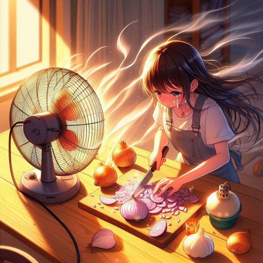［作戦２］①換気扇からいくらか離れたところにまな板・玉ねぎをセット🧅②換気扇側のまな板の近くに蝋燭・オイルランプ等を灯す🕯️🪔③換気扇とは反対側、なるべくまな板から離れた位置に、たまねぎガール