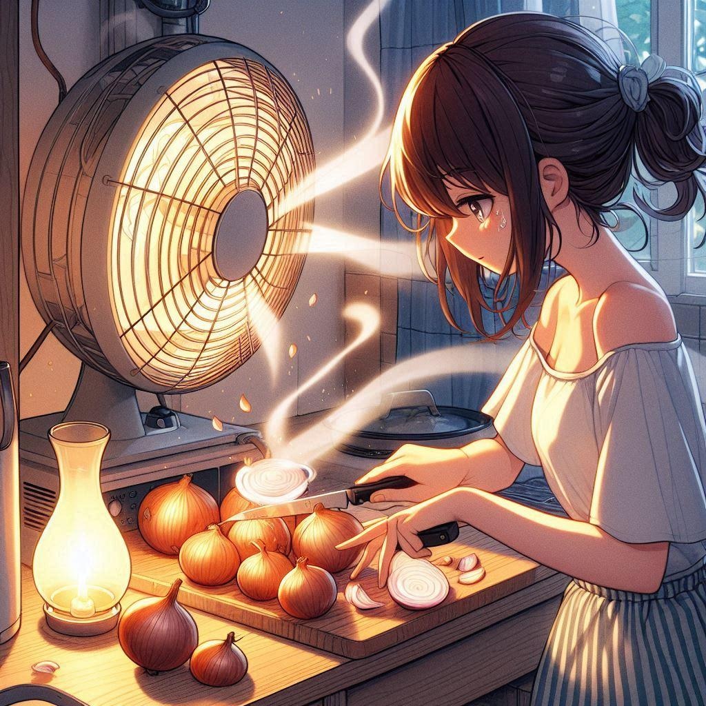 ［作戦２］①換気扇からいくらか離れたところにまな板・玉ねぎをセット🧅②換気扇側のまな板の近くに蝋燭・オイルランプ等を灯す🕯️🪔③換気扇とは反対側、なるべくまな板から離れた位置に、たまねぎガール