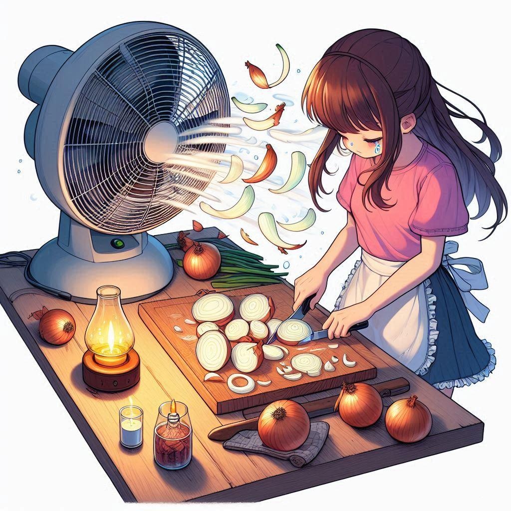 ［作戦２］①換気扇からいくらか離れたところにまな板・玉ねぎをセット🧅②換気扇側のまな板の近くに蝋燭・オイルランプ等を灯す🕯️🪔③換気扇とは反対側、なるべくまな板から離れた位置に、たまねぎガール