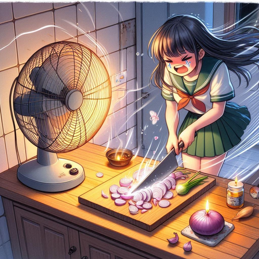 ［作戦２］①換気扇からいくらか離れたところにまな板・玉ねぎをセット🧅②換気扇側のまな板の近くに蝋燭・オイルランプ等を灯す🕯️🪔③換気扇とは反対側、なるべくまな板から離れた位置に、たまねぎガール
