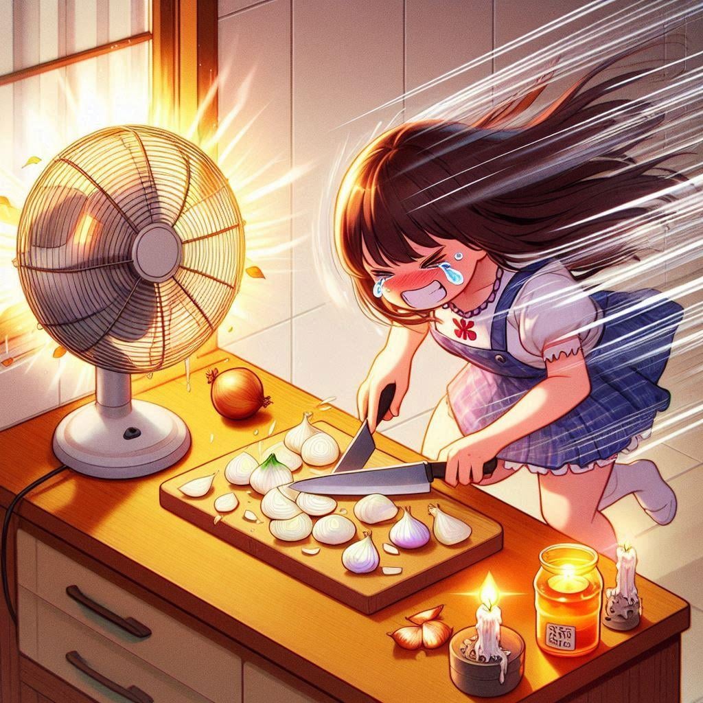 ［作戦２］①換気扇からいくらか離れたところにまな板・玉ねぎをセット🧅②換気扇側のまな板の近くに蝋燭・オイルランプ等を灯す🕯️🪔③換気扇とは反対側、なるべくまな板から離れた位置に、たまねぎガール