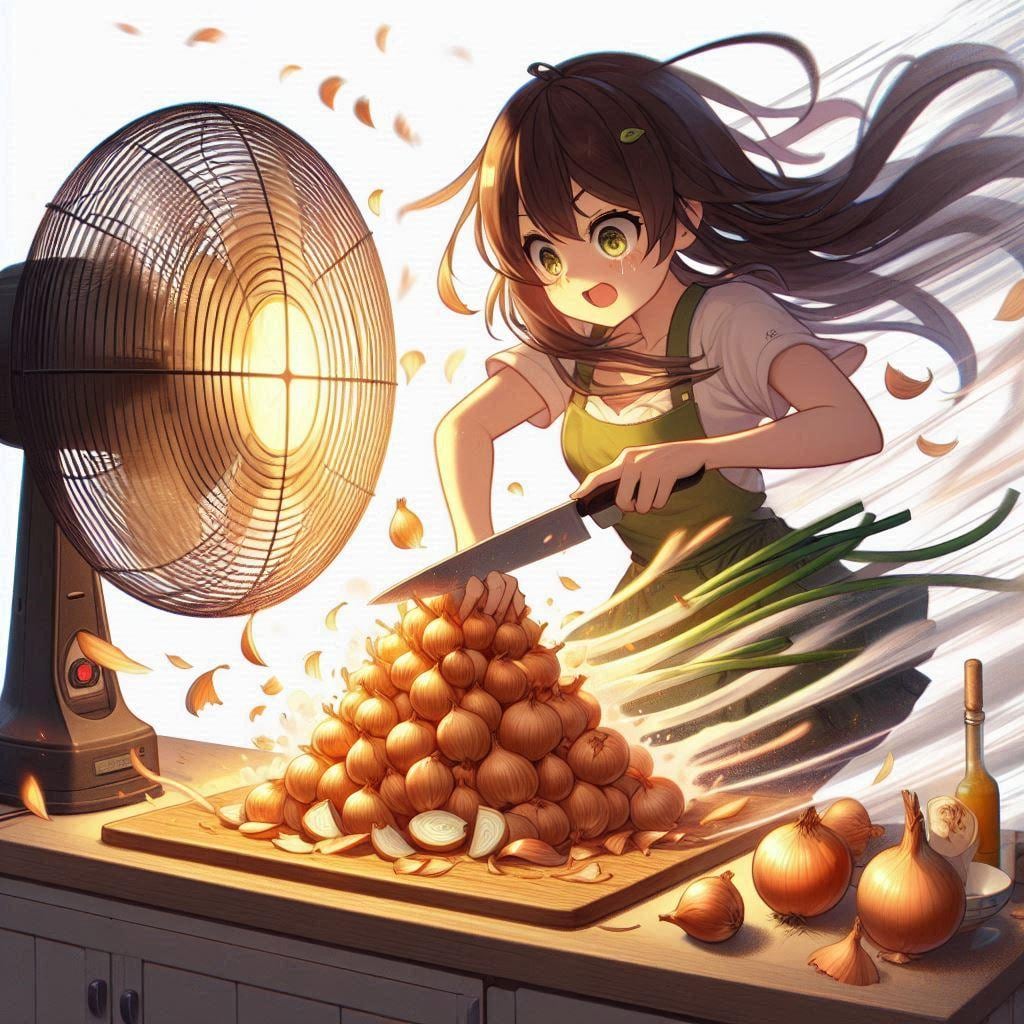 ［作戦２］①換気扇からいくらか離れたところにまな板・玉ねぎをセット🧅②換気扇側のまな板の近くに蝋燭・オイルランプ等を灯す🕯️🪔③換気扇とは反対側、なるべくまな板から離れた位置に、たまねぎガール