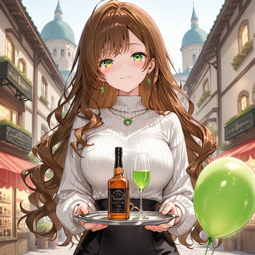 街の酒屋さんで緑色の風船を持つブラウンウェーブヘアの美女。