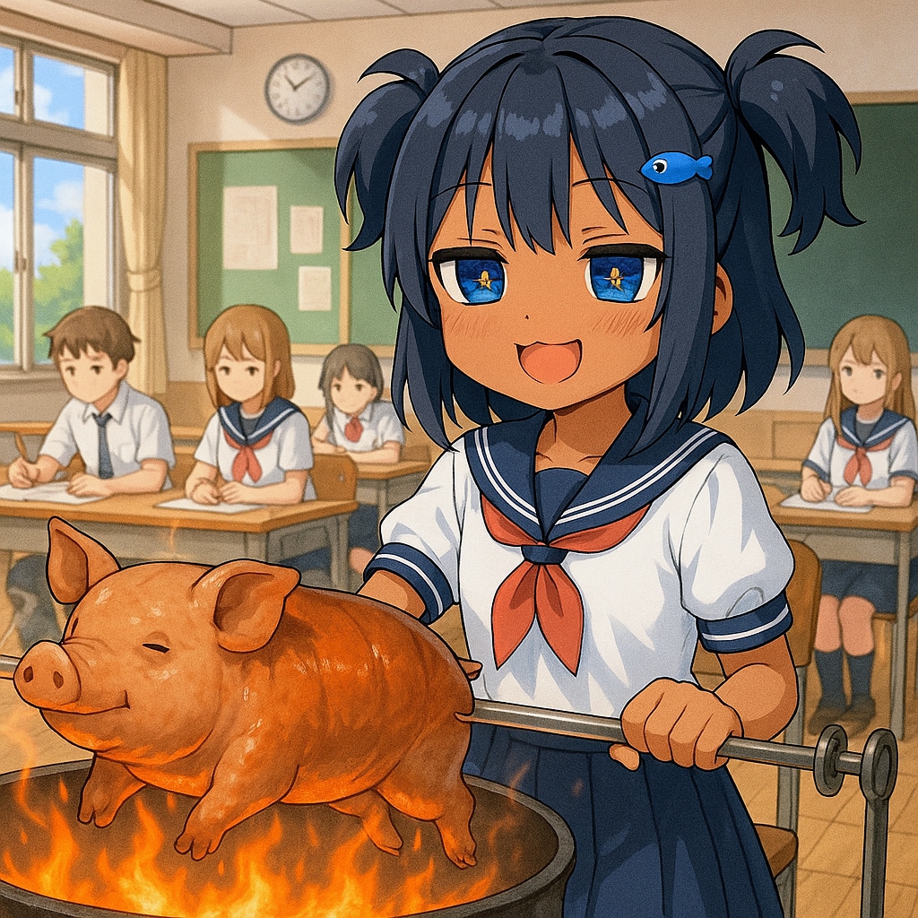 ブタの丸焼きを作るこなつちゃん