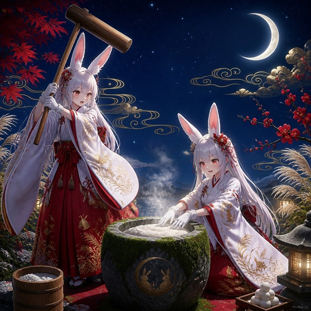 月下の餅つき兎 | の人気AIイラスト・グラビア