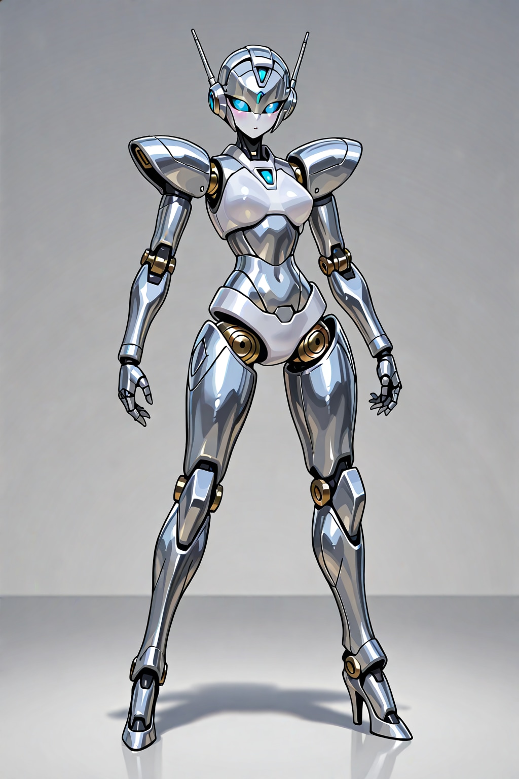 銀色に輝く金属ボディーの女性型ロボット