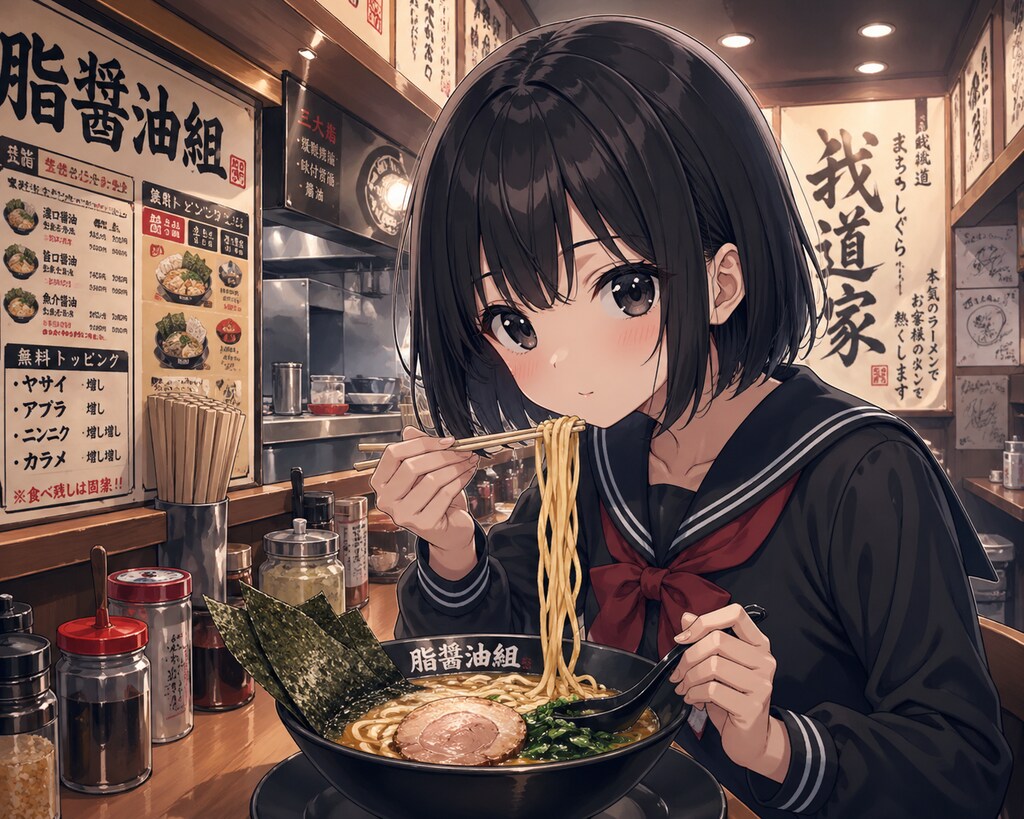 家系ラーメンを食べている女の子