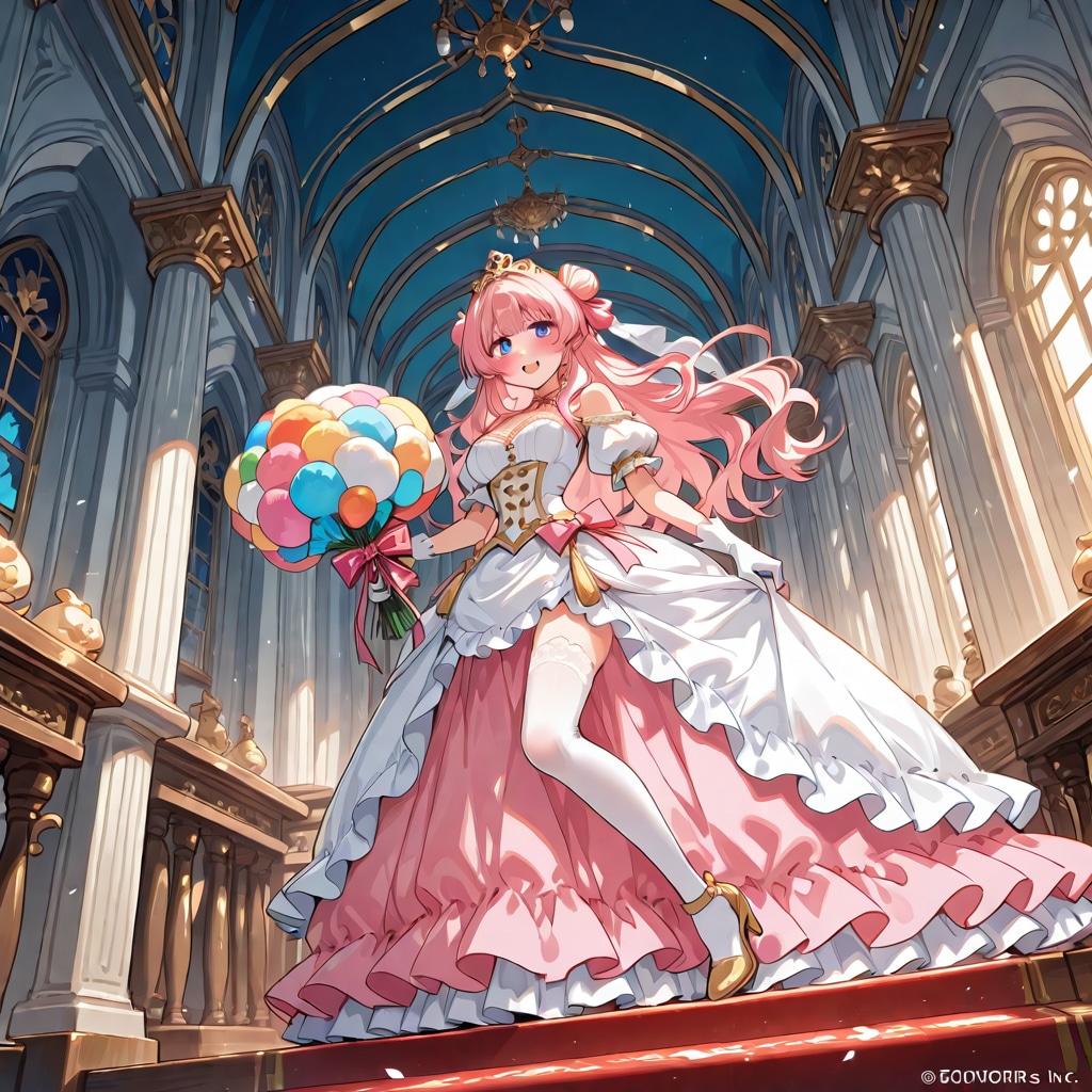 お城の部屋の中でいっぱい色とりどりの風船を持つピンク髪ロングのお姫様 | の人気AIイラスト・グラビア