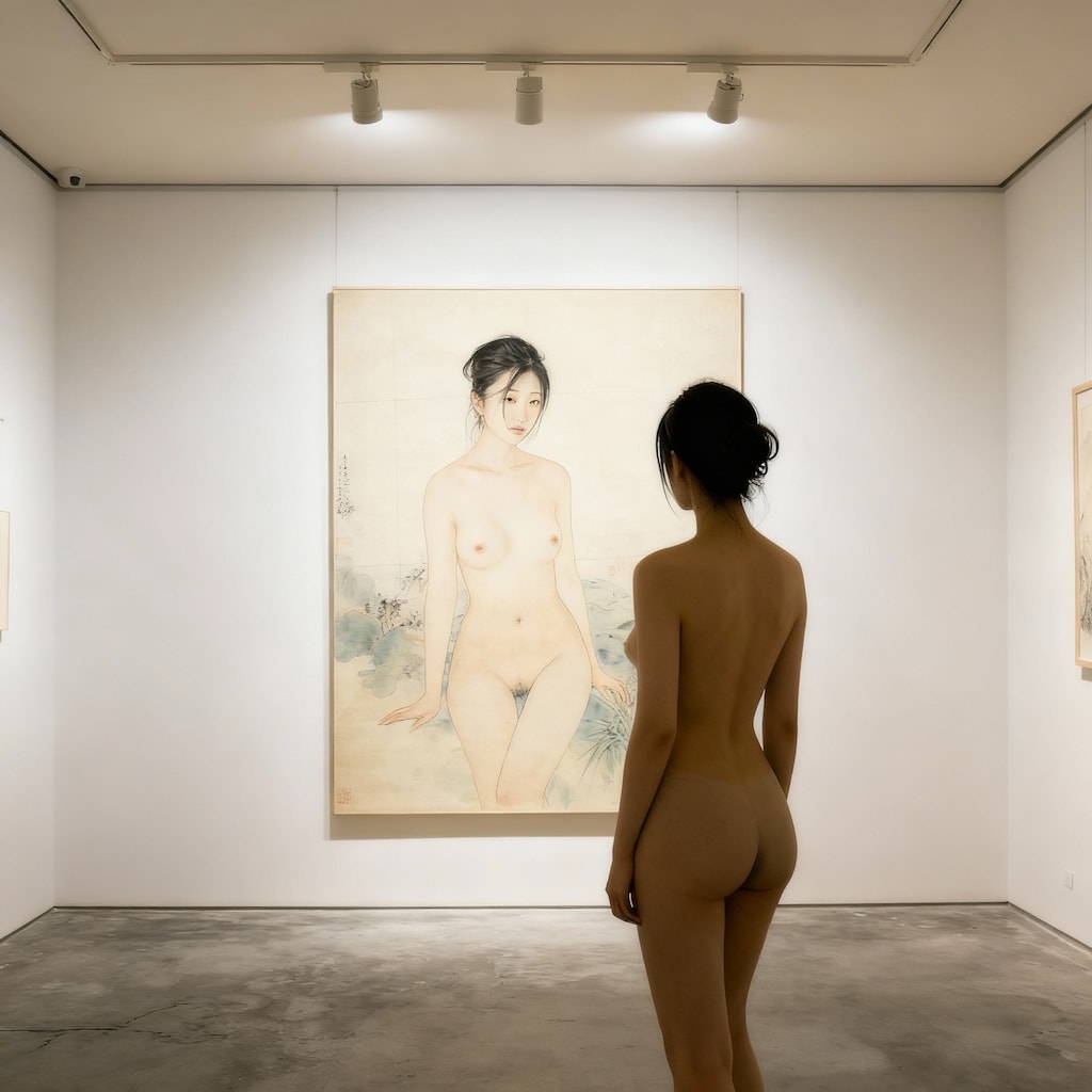 自分のヌード絵画を全裸で観るモデル