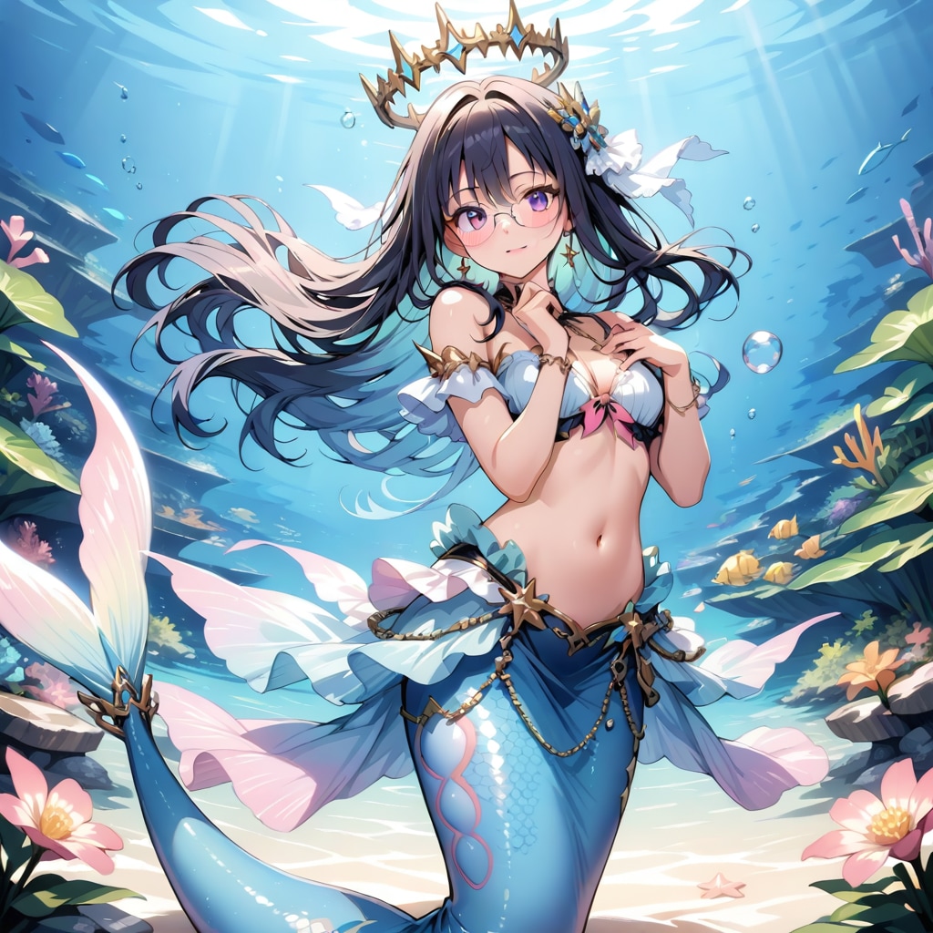 マーメイドな黒髪メガネ type.LARIMAR | の人気AIイラスト・グラビア