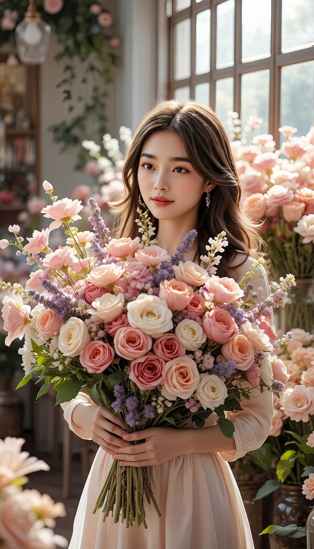 優しい陽光の中で薔薇を抱く少女