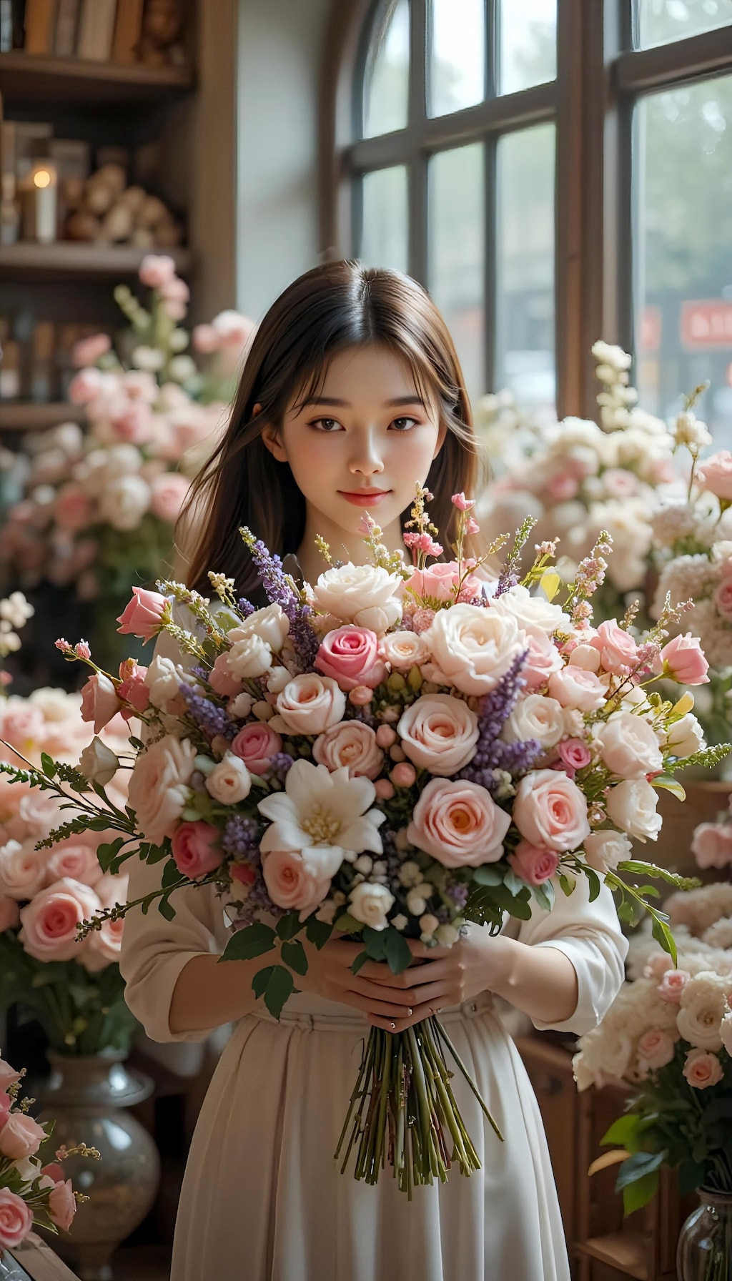 優しい陽光の中で薔薇を抱く少女