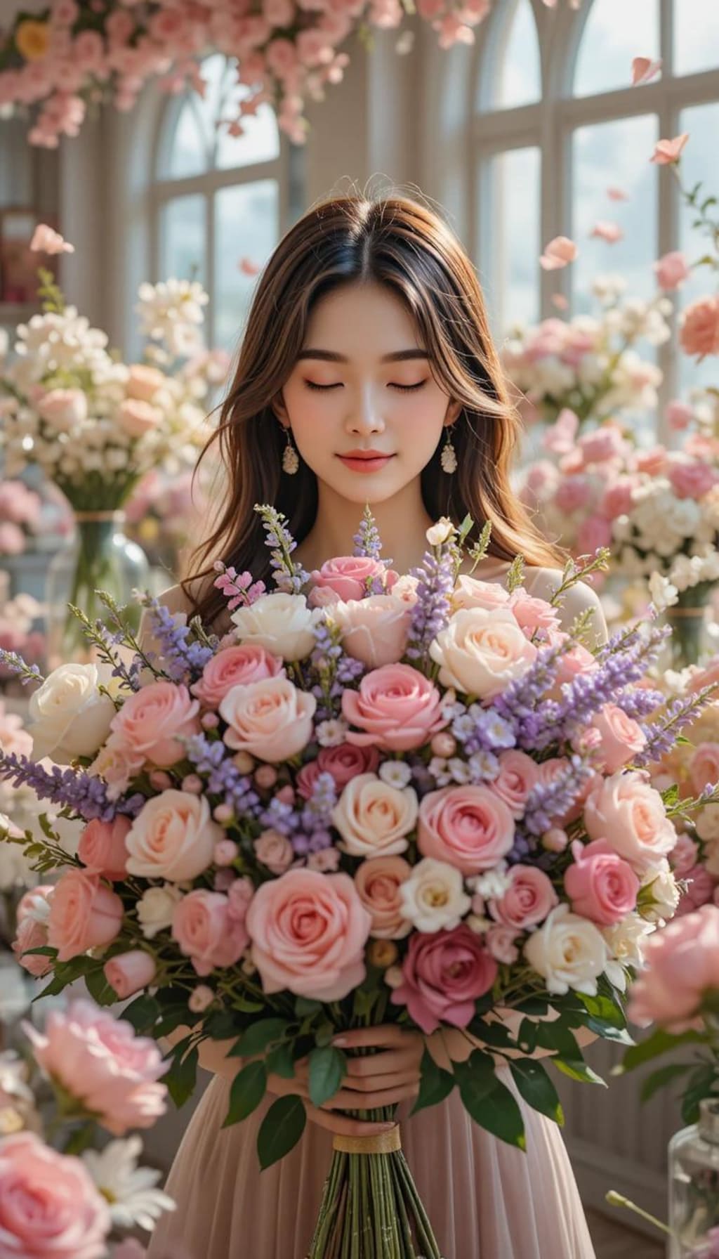 優しい陽光の中で薔薇を抱く少女
