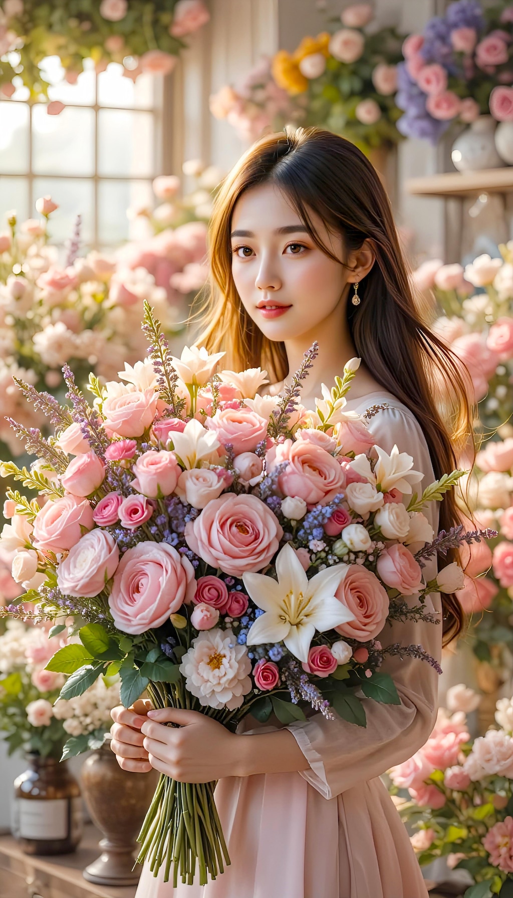 優しい陽光の中で薔薇を抱く少女