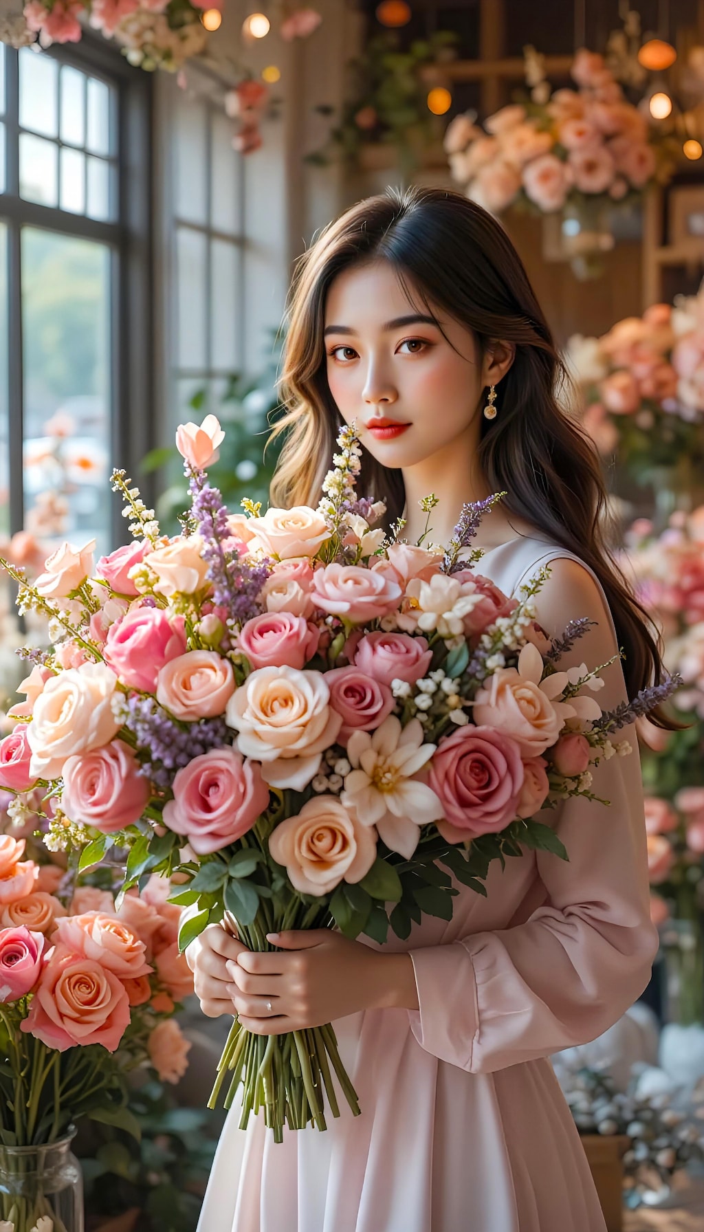 優しい陽光の中で薔薇を抱く少女