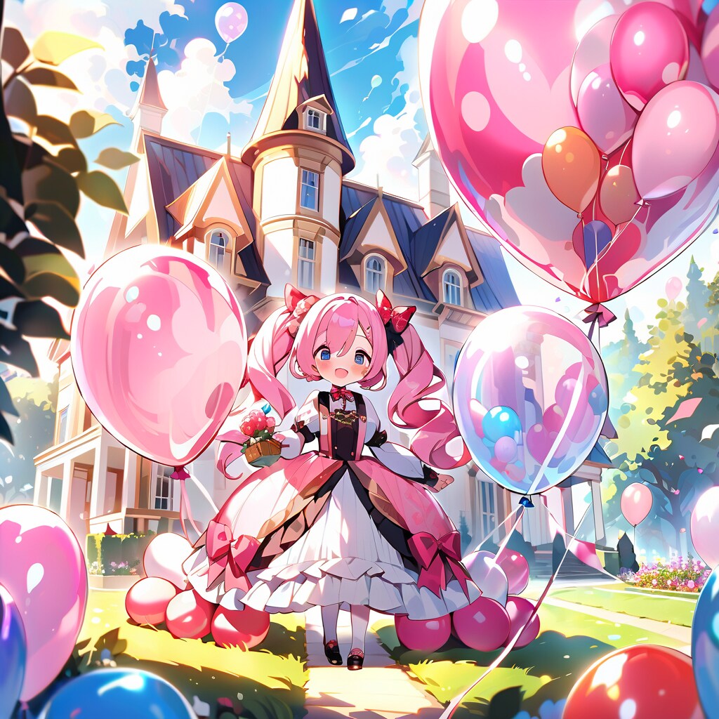 屋敷の庭でピンクの巨大風船を膨らませるピンク髪ツインテールのメイド服の美女