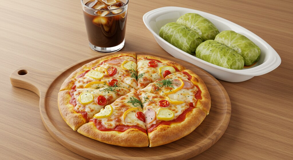 摩訶不思議食堂のピザとロールキャベツのセット