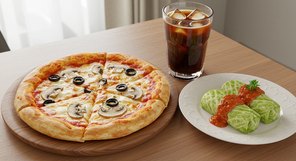 摩訶不思議食堂のピザとロールキャベツのセット