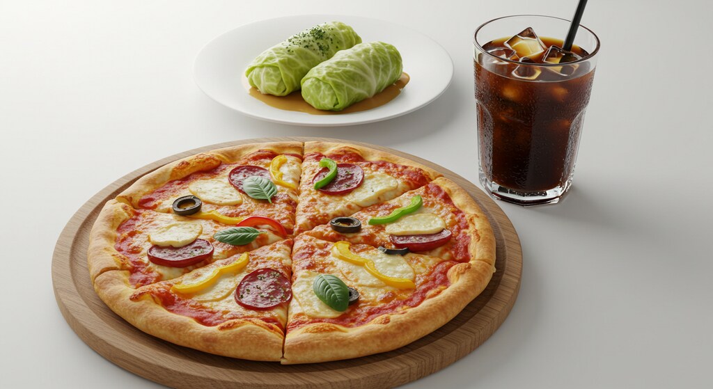 摩訶不思議食堂のピザとロールキャベツのセット