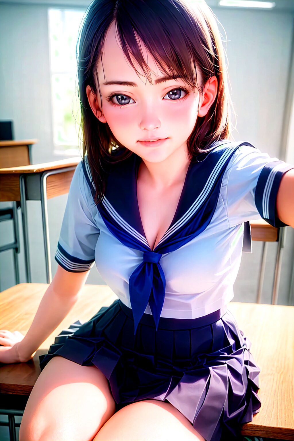 教室の机に座っている女子高生さん