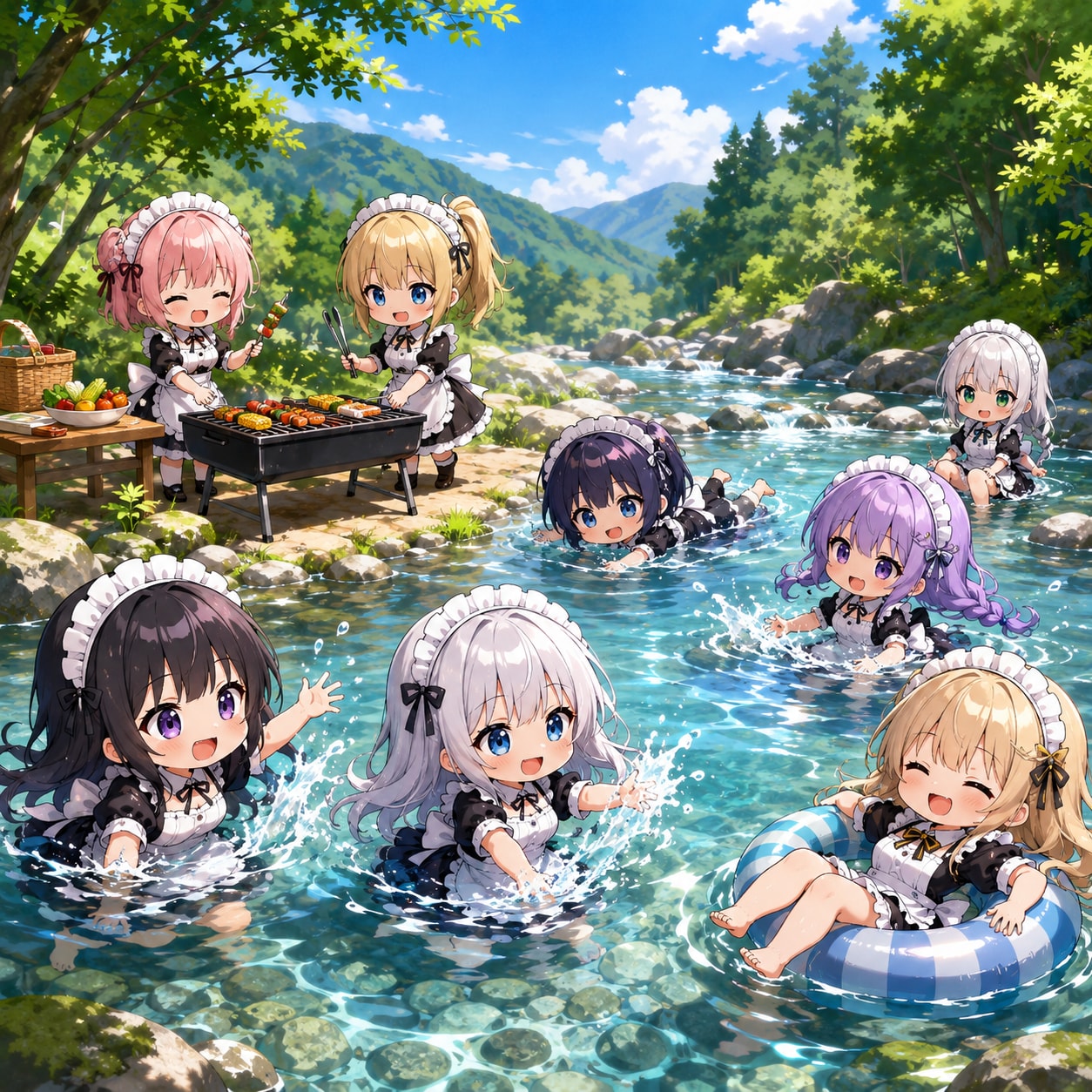 メイドちゃんたちの川遊び