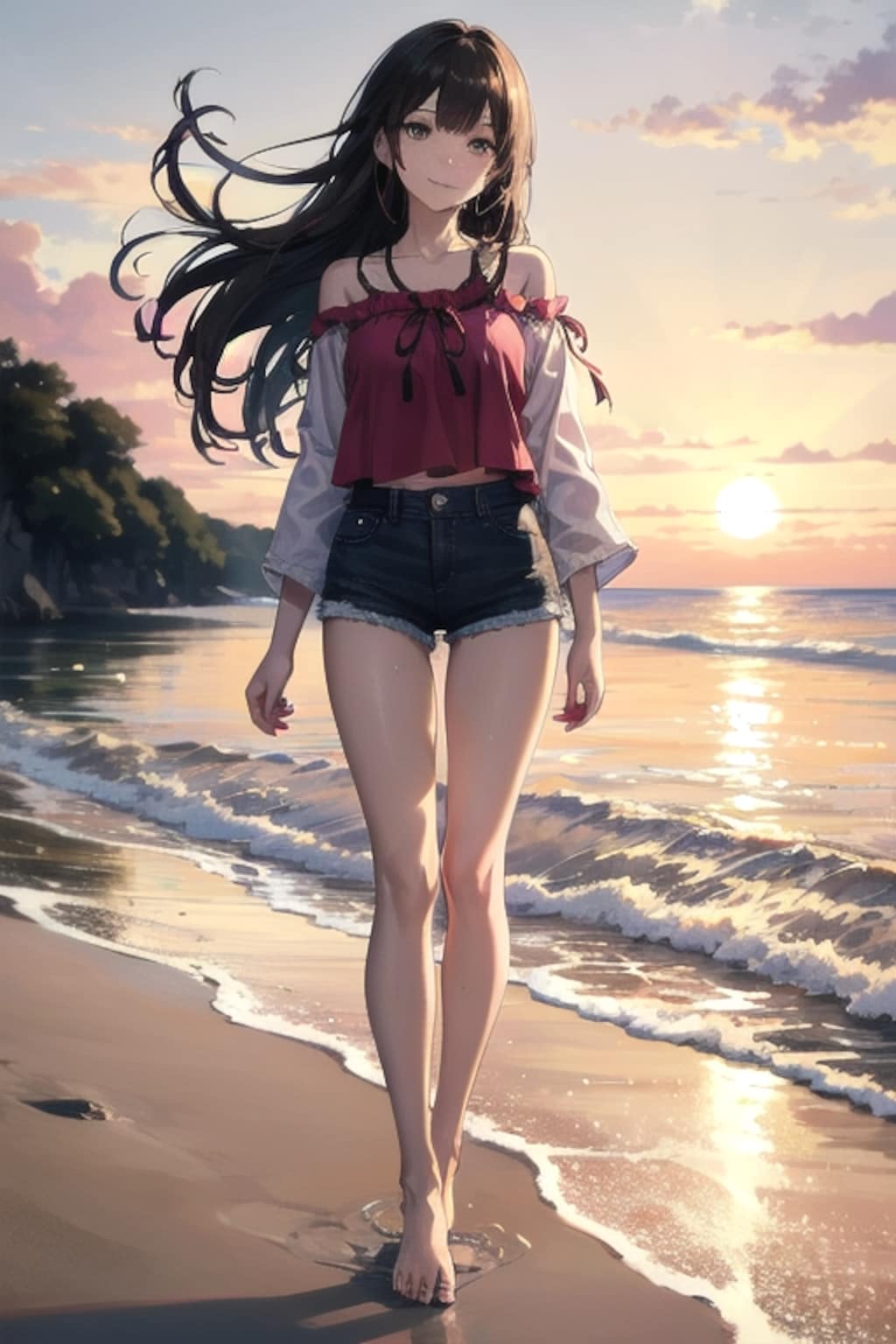 夕暮れの波打ち際
