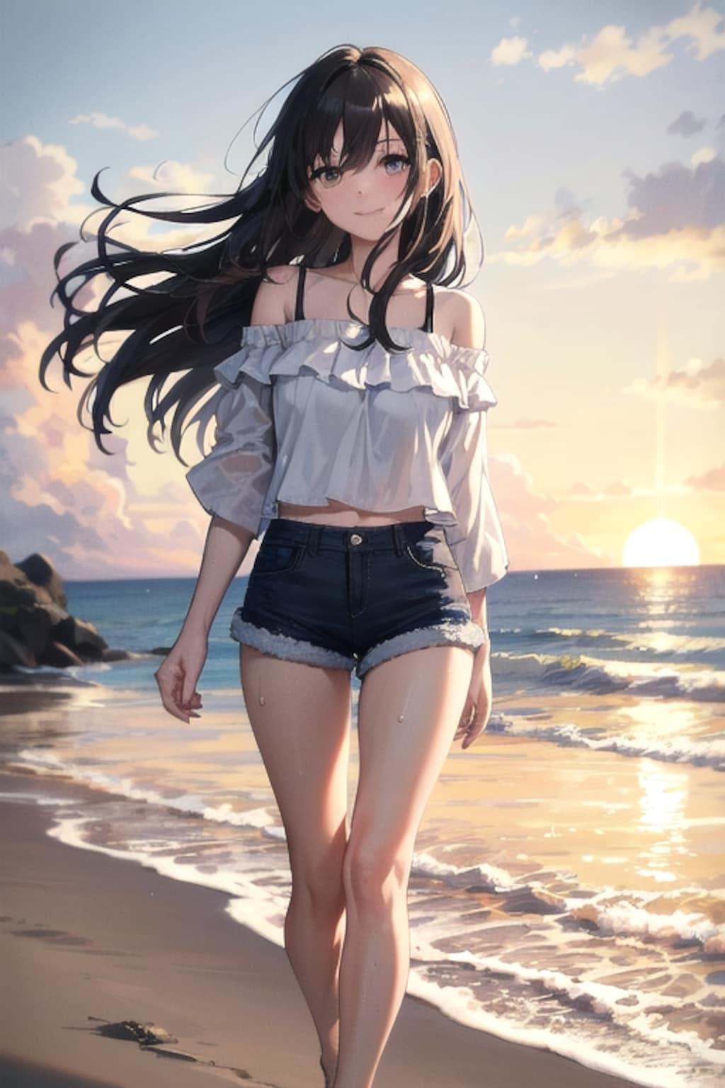 夕暮れの波打ち際