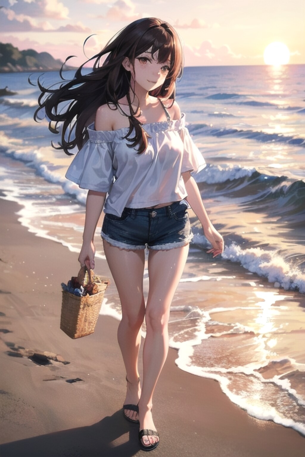 夕暮れの波打ち際