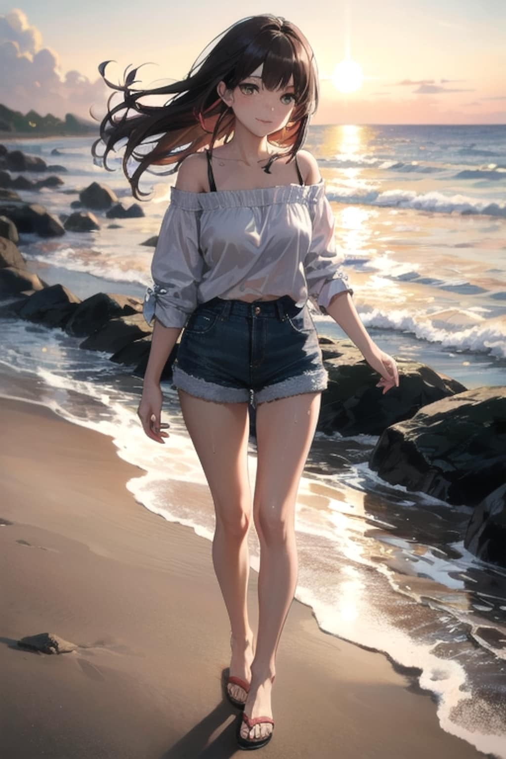 夕暮れの波打ち際