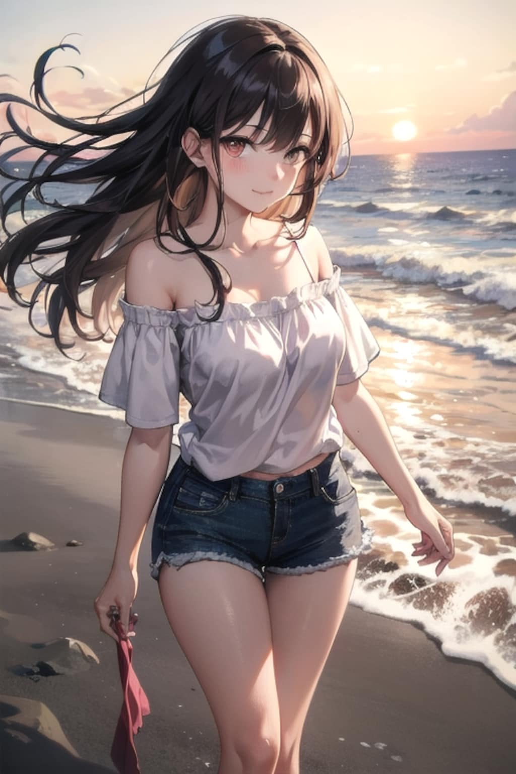 夕暮れの波打ち際