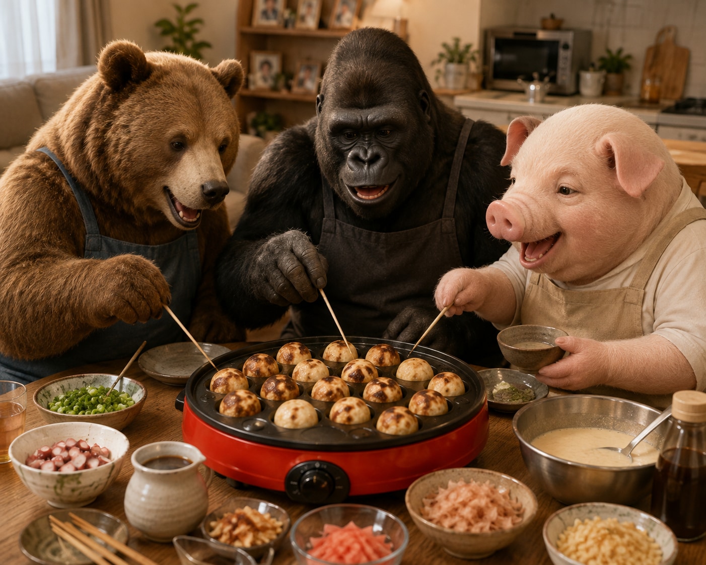クマ、ゴリラ、ブタもたこ焼き焼く